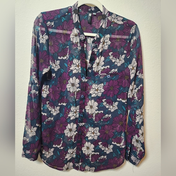 Kut from the Kloth Tops - Kut from the Kloth Sinclair Med Button Front Sheer Chiffon Blouse Purple Floral